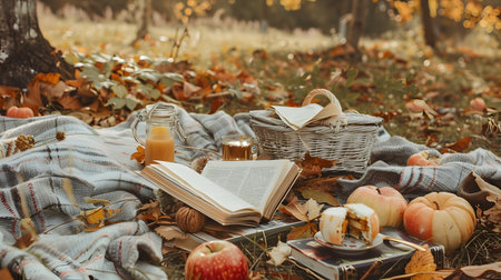 Autumn literary picnic in a peaceful park setting with a poetry reading and themed seasonal snacks creating a cozy and cultured outdoor ambianceの素材