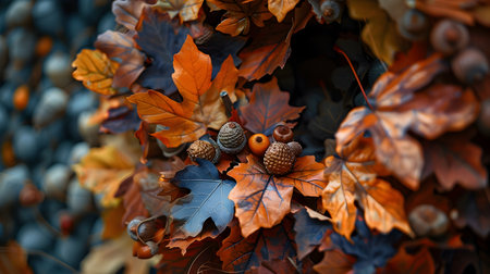 Handcrafted autumn wreath featuring a beautiful assortment of rustic oak leaves acorns and other natural elements creating a warm and cozy seasonalの素材