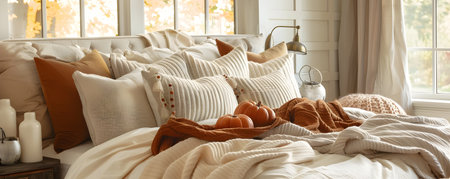 Cozy and Inviting Fall Themed Bedroom with Seasonal Furnishings Creating a Warm and Welcoming Atmosphereの素材