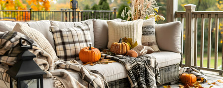 Cozy and inviting outdoor seating area decorated with fall themed furnishings textiles and seasonal accents like pumpkinsの素材