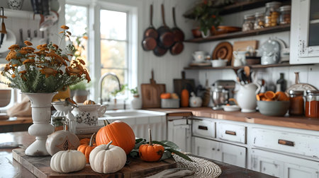 Cozy farmhouse style kitchen with rustic shelves seasonal autumn an assortment of pumpkins creating a warm and charming atmosphere for the harvest seasonの素材