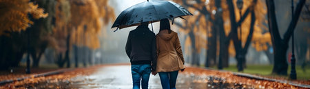 Affectionate couple holding hands and sharing a large umbrella while taking a peaceful romantic rainy day walk through an autumn park landscape with colorful falling leavesの素材