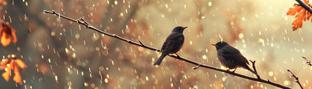 Pair of small dark colored birds perching on a tree branch taking shelter from the rain pouring down in an autumn forest landscape  The birds are silhouetted against the blurredの素材