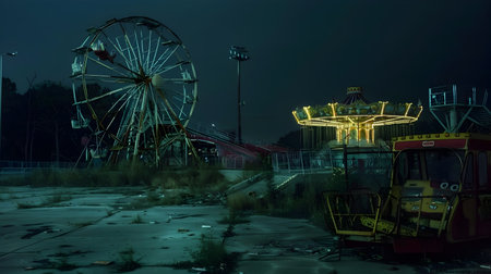 Haunting Carnival Remnants A Deserted Amusement Park Under the Eerie Night Sky   A spooky and atmospheric scene of an abandoned carnival with broken down rides and an ominous dreamlikeの素材