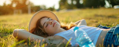 Teenager lying on grass in a park or field resting and relaxing with a water bottle and sun hat nearby during a hot summer day  Concept of heat impact and need for and care for youth during heatwavesの素材