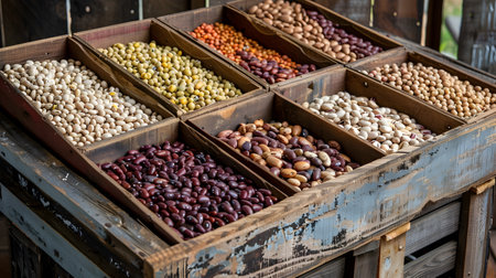 Vibrant Assortment of Colorful Canned Beans Displayed in a Rustic Wooden Crate Farm Fresh Produce Display for Healthy Organic and Nourishing Pantry Essentialsの素材