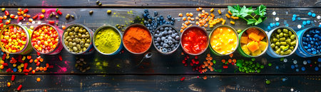 Vibrant canned food assortment arranged in a rainbow pattern on a rustic wooden table showcasing a colorful display of various canned produce and ingredientsの素材