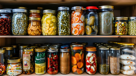 Neatly Organized Pantry Shelf with Canned Foods and Groceries Displayed in Aerial View long title This image showcases a well organized pantry shelfの素材