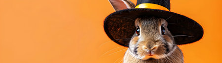 Cute domestic rabbit posing in a Halloween witch costume isolated on a vibrant orange backdrop with a spooky holiday themed atmosphereの素材