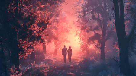 Couple walks hand in hand through a magical autumnal forest landscape in this digitally created imaginative and romantic artwork blending nature and technologyの素材