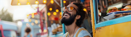 Traveler experiencing the vibrant and lively food truck festival sampling a diverse array of global cuisines with joy and delightの素材