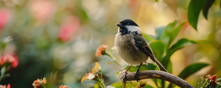 Closeup image of a small songbird possibly a sparrow perched on the wooden handle of a garden spade in a lush green natural environment  The bird s feathers and beak are in sharp focusの素材