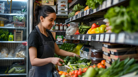 Small Grocery Store Owner Fresh Organic Produce on Shelves in Retail Supermarket Aisle  Independent Entrepreneur Organizing Healthy Natural Food Products for Customersの素材