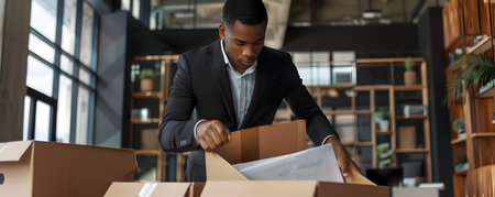 Diligent Officer Carefully Packing Files and Documents into Cardboard Boxes in a Tidy and Modern Office Environment as Part of a Business Workflow or Relocation Processの素材