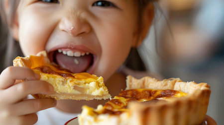 Close up portrait of an overjoyed young girl enthusiastically savoring a delicious slice of quiche her face radiating pure bliss and culinary delightの素材