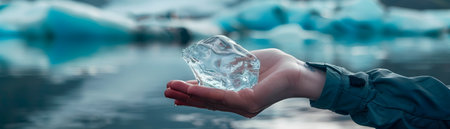 A human hand gently cupping a melting glacier representing the direct impact and responsibility of humanity on the global climate crisisの素材