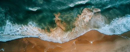Captivating aerial drone shot capturing the dynamic relationship between land and air showcasing the ever changing tides wind patterns and textured seascape along the captivating coastlineの素材