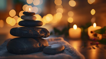 Heated stone massage setup in a dimly lit cozy spa environment creating a serene and therapeutic atmosphere for relaxation and rejuvenationの素材