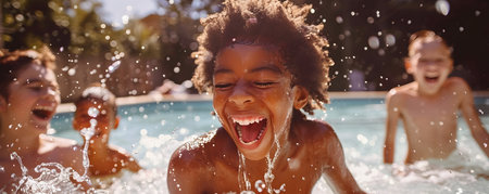 Carefree children laughing and splashing with pure delight while playing in the refreshing pool with their friends on a summer day capturing the essence of unbridled joy and youthfulの素材