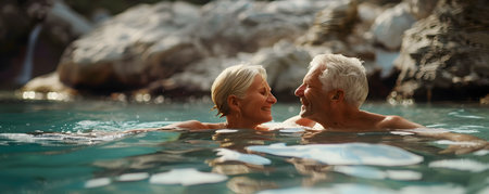 Elderly couple swimming together in a natural hot spring evoking a sense of relaxation romance and rejuvenationの素材
