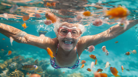 An adventurous elderly woman swims underwater surrounded by a vibrant school of colorful tropical fish symbolizing her freedom excitement and joy for life s and discoveryの素材