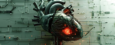 Detailed mechanical heart with human features showcasing the fusion of biology and advanced technology  This digital depicts a biomechanical organ highlighting the of organic and elementsの素材