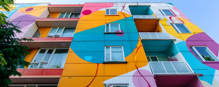Vibrant and Condo Facade with Colorful Murals and Modern Design   A Creatively Renovated Building Showcasing Innovative Architectural Expression and Vivid Visual Interestの素材