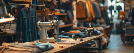 Cozy clothing repair workshop with vintage sewing machines fabrics tools and equipment  Showcasing a professional service for custom garment work in a small business settingの素材