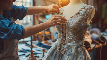 Professional Tailor Carefully Adjusting and Refining the Fit of a Luxurious Lace Evening Dress on a Mannequin in a Bespoke Clothing Workshopの素材