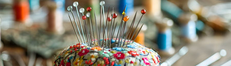 A close up view of sewing needles pinned in a vibrant patterned pincushion surrounded by other sewing essentials like threads pins and fabricsの素材