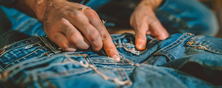 Hands Carefully Mending a Hole in Denim Jeans with Needle and Thread Artisanal Clothing Repair and Processの素材