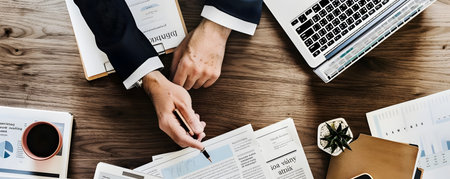 Desk scene with resignation letter laptop and coffee mug representing a professional s decision to make a career transition and pursue new opportunitiesの素材