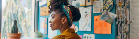 Close up portrait of a young female crafting a colorful vision board with words images and objects related to her career goals and dreams on a vibrant backgroundの素材