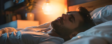 Tired and weary man suffering from jet lag tossing and turning while trying to rest in bed at night unable to fall asleep due to travel related sleep issueの素材