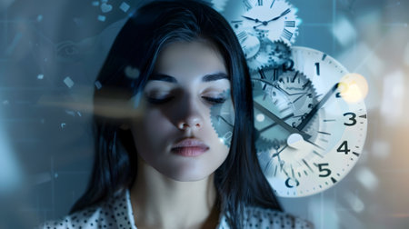 A woman appears troubled and lost in thought her expression reflecting the confusion and disorientation of a circadian rhythm disorder  The distorted concepts of night and day and the passage of timeの素材