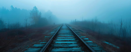 Abandoned railway track disappearing into mist, mysterious road, haunting solitudeの素材