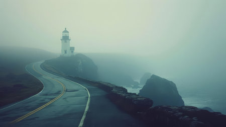 Foggy coastal road with cliffs and lighthouse, mysterious road, maritime loreの素材