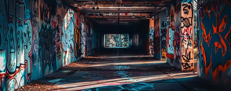 Shadowy tunnel with graffiti-covered walls, mysterious road, urban explorationの素材