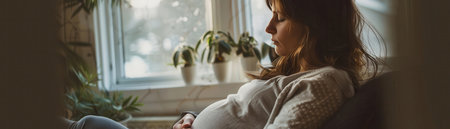 Pregnant woman relaxing at home, enjoying peaceful moments by the window with plants in the background, capturing tranquility.の素材