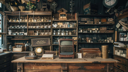 A vintage workspace featuring an antique typewriter and an organized shelf filled with jars and tools, evoking nostalgia and creativity.の素材