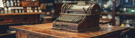 An antique typewriter displayed on a rustic wooden table, capturing the essence of vintage craftsmanship and nostalgia.の素材