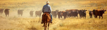 A cowboy guides a herd of cattle through golden grasslands at sunset, embodying the spirit of rural life and cattle ranching.の素材
