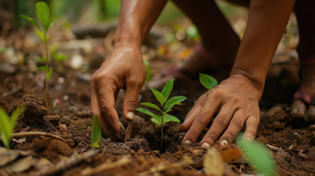 A close-up of hands planting a small seedling in rich soil, emphasizing the connection between humans and nature.の素材