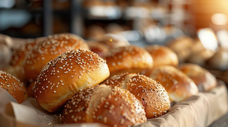 Freshly baked bread rolls sprinkled with sesame seeds, perfect for various recipes and serving at gatherings.の素材