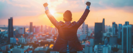A person celebrates success at sunset, arms raised, overlooking a vibrant city skyline bathed in warm light.の素材