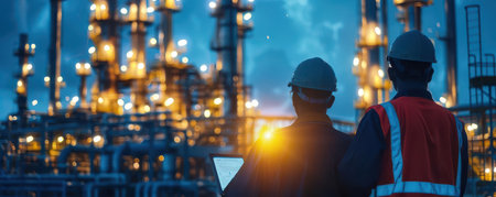Two workers observe an industrial oil refinery at dusk, highlighting safety gear and the glow of machinery in the background.の素材