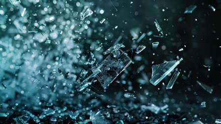 A close-up view of shattered glass pieces, capturing the beauty of fragmented reflections in dynamic motion.の素材