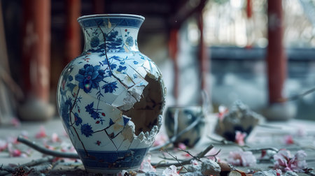 An antique porcelain vase with intricate blue designs, showing signs of age and damage, nestled among fallen petals and debris.の素材