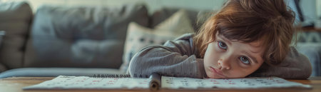 A young child looks bored while resting on a table filled with papers, capturing a moment of contemplation and daydreaming.の素材