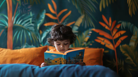 A young child engrossed in a colorful book, surrounded by vibrant foliage. Perfect for capturing moments of childhood exploration.の素材